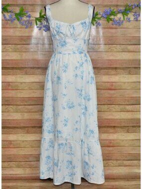 Blush & Day Baby Blue Floral Maxi Sundress Size M Milkmaid Cottage Core Tiered